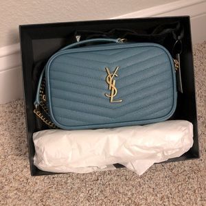 YSL Mini Lou Pebbled Poudre Leather Blue Vert Gold Hardware Crossbody Bag NWT 💯